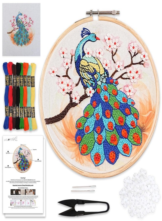 picknMAKE Colorful Majestic Peacock Hand Embroidery Kit for Beginners, Adults & Kids - Digital Printed Fabric, Threads, Needles, Floral Sequins & Instructions - DIY Embroidery Set - Image 1